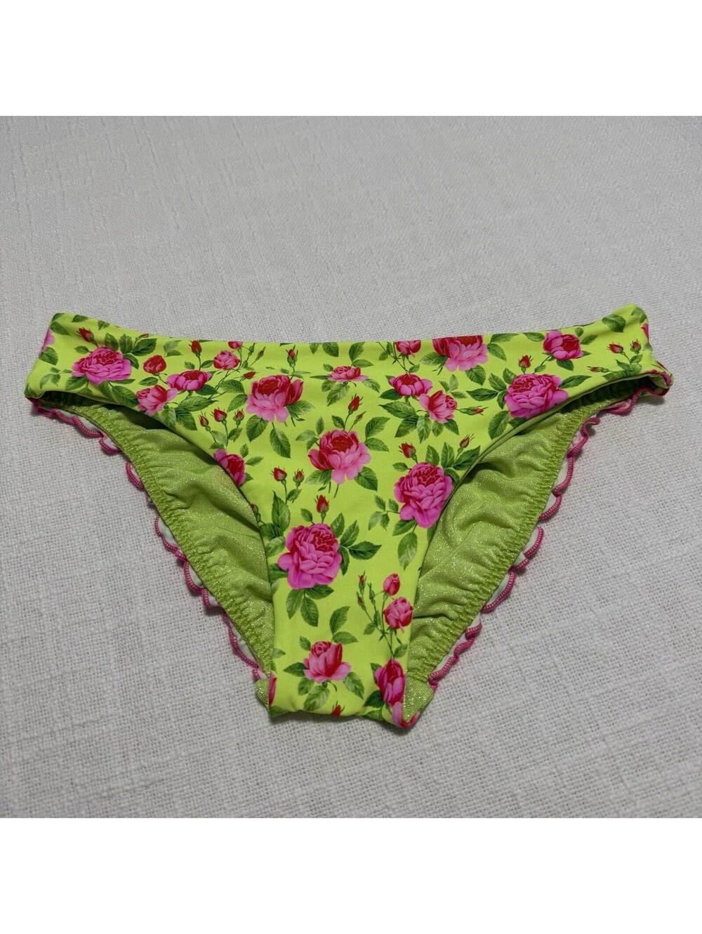 Luli Fama Ti Amo Ruched Back Full Bikini Bottom Sz S Small NWOT Green Pink Roses